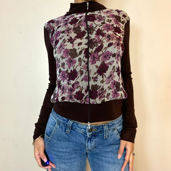 Vintage 00s Romcom Floral mesh zip front long sleeve top (S/M) - Picture 3 of 10